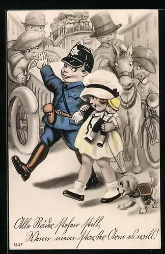 Künstler-AK Polizist führt ein Mädchen hilfsbereit durch den Verkehr