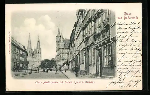 AK Duderstadt, Obere Marktstrasse mit kath. Kirche und Rathaus