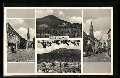 AK Edenkoben / Pfalz, Blick auf Rietburg, Evang. Kirche, Kath. Kirche