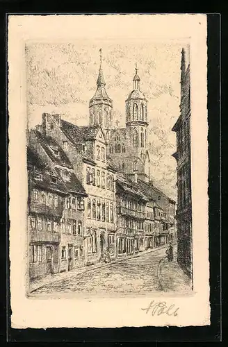 Künstler-AK Göttingen, Johannisstrasse mit Kirchtürmen