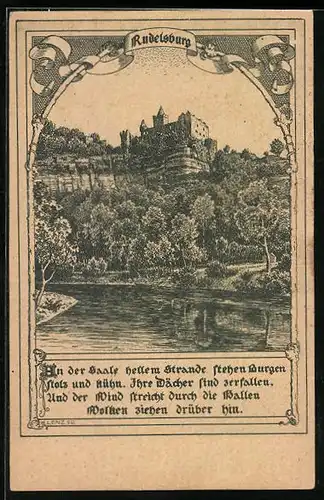 Künstler-AK Rudelsburg, Zeichnung der Burg mit Flusspartie