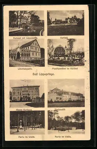 AK Bad Lippspringe, Teilansichten des Kurbads, Kursaal mit Lippequelle, Marienstift