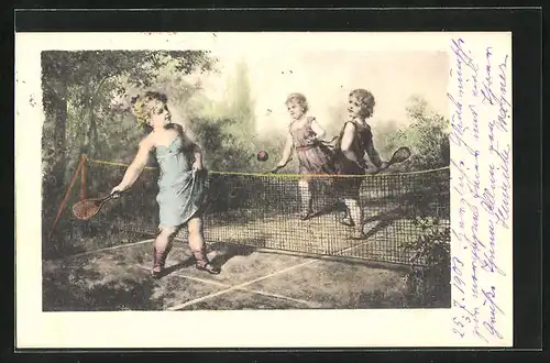 AK Drei Mädchen beim Tennis-Spiel