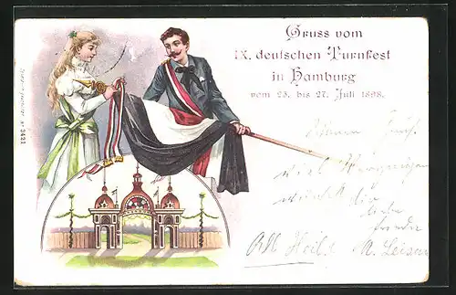 Künstler-AK Hamburg, IX. Deutsches Turnfest 1898, Junges Paar mit Fahne über den Eingang