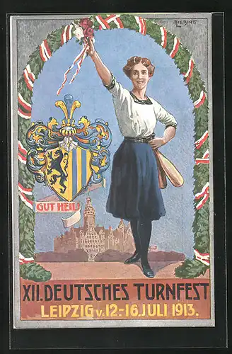 Künstler-AK Leipzig, XII. Deutsches Turnfest 1913, Turnerin mit Keulen und Wappen