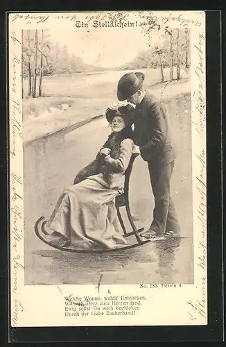 AK Mann auf Schlittschuhen schiebt Frau auf einem Sitz übers Eis