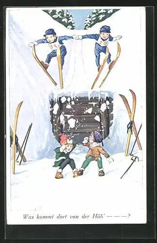 AK Kinder beim Skispringen über eine Schanze