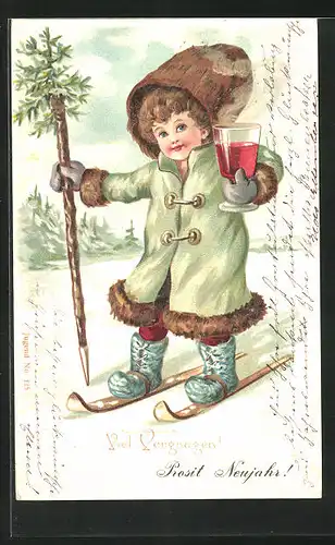 AK Kind mit einem Glas Saft auf Skiern