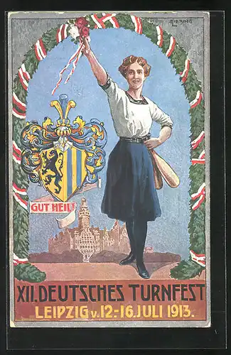 Künstler-AK Leipzig, XII. Deutsches Turnfest 1913, Turnerin mit Keulen und Wappen