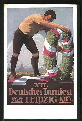 Künstler-AK Leipzig, XII. Deutsches Turnfest 1913, Turner bindet den Festkranz