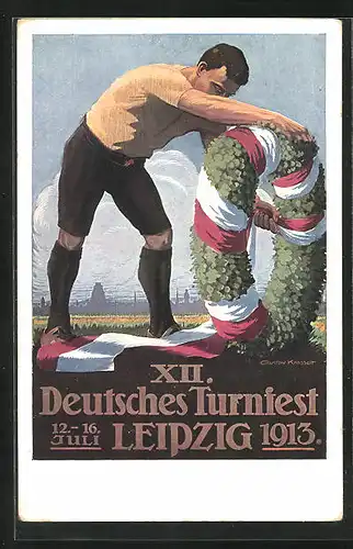 Künstler-AK Leipzig, XII. Deutsches Turnfest 1913, Turner bindet den Festkranz