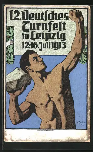 Künstler-AK Leipzig, 12. Deutsches Turnfest 1913, Sportler mit einem Stein