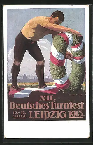 Künstler-AK Leipzig, XII. Deutsches Turnfest 1913, Turner bindet den Festkranz