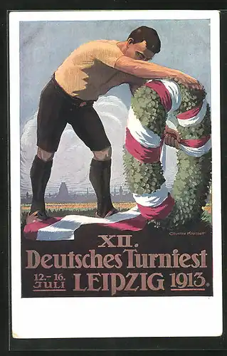 Künstler-AK Leipzig, XII. Deutsches Turnfest 1913, Turner bindet den Festkranz