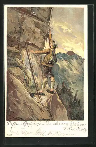Künstler-AK Mann mit Rucksack beim Bergsteigen