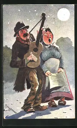 Künstler-AK Mond schaut auf altes musizierendes Paar, Metamorphose