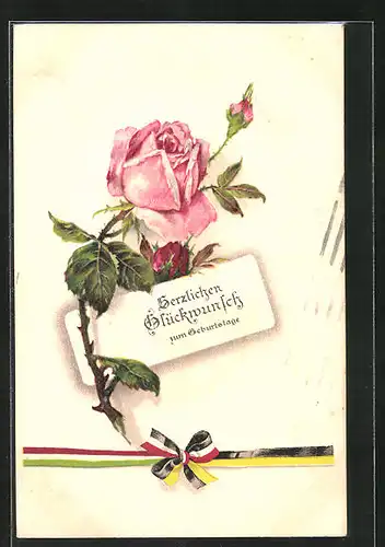 AK Ein Rosenzweig zum Geburtstag mit Fahnenband Zweibund