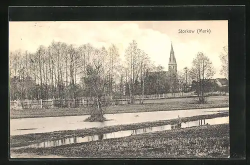 AK Storkow (Mark), Blick zum Ort mit Kirche