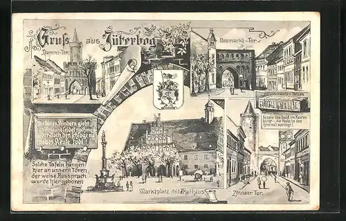 AK Jüterbog, Damm-Tor, Marktplatz mit Rathaus, Neumarkt-Tor, Zinnaer Tor, Wappen