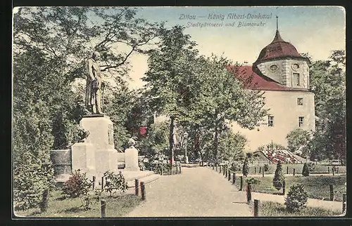 AK Zittau, König Albert-Denkmal, Stadtgärtnerei und Blumenuhr