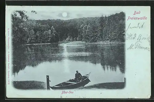 Mondschein-AK Bad Freienwalde, Ruderboot auf dem Baa-See