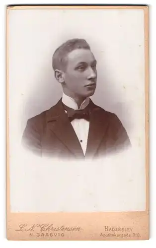 Fotografie L. N. Christensen, Haderslev, Apothekergade 310, Portrait junger charmanter Mann mit Fliege im Jackett