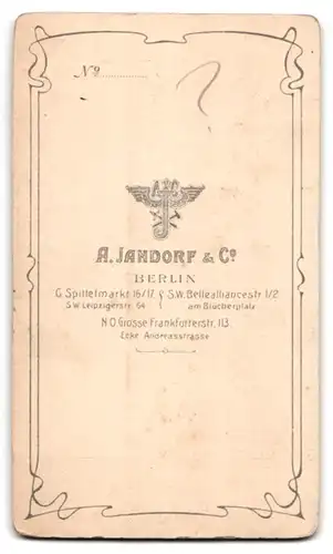 Fotografie A. Jandorf & Co., Berlin, Spittelmarkt 16 /17, Portrait junger Mann mit Fliege im Jackett