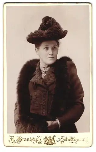 Fotografie H. Brandseph, Stuttgart, Marienstr. 36, Portrait elegant gekleidete Dame mit Pelz und interessantem Hut