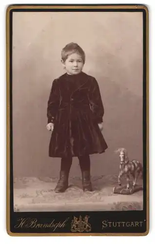 Fotografie H. Brandseph, Stuttgart, Marienstr. 36, Portrait niedliches Mädchen mit Spielzeugpferd