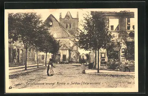 AK Soldau, zerschossene evangelische Kirche