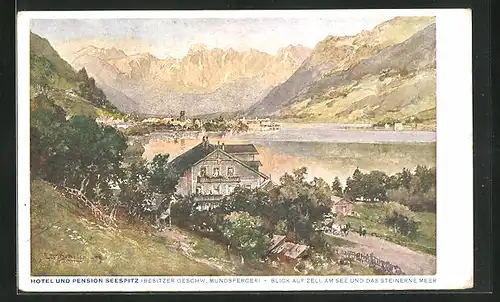 Künstler-AK Edward Theodore Compton: Zell am See, Hotel-Pension Seespitz mit Blick auf das Steinerne Meer