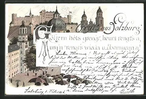 Lithographie Salzburg, Stadt bei Dauerregen