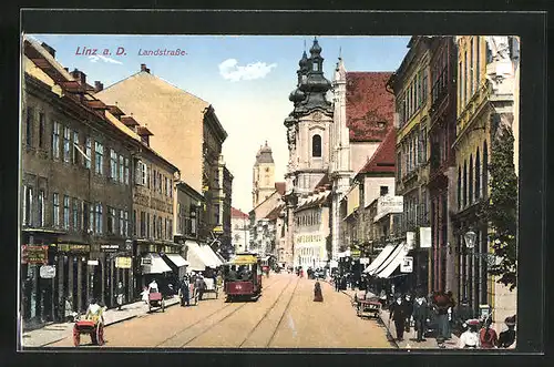 AK Linz a. D., Strassenbahnverkehr in der Landstrasse