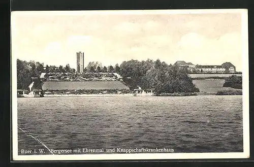 AK Buer i. W., Bergersee mit Ehrenmal und Knappschaftskrankenhaus