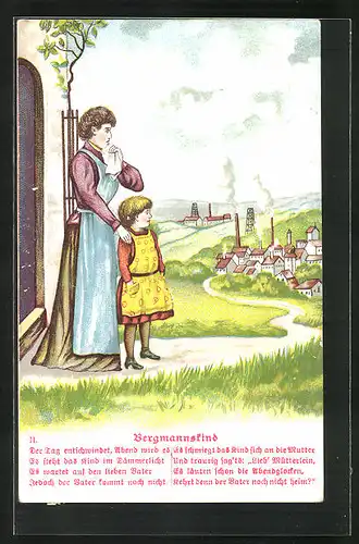 Künstler-AK Mutter mit Kind blicken auf Bergbauwerke, Vers Bergmannkind