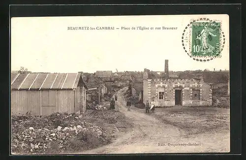AK Beaumetz-les-Cambrai, Place de l`Eglise et rue Brasseur