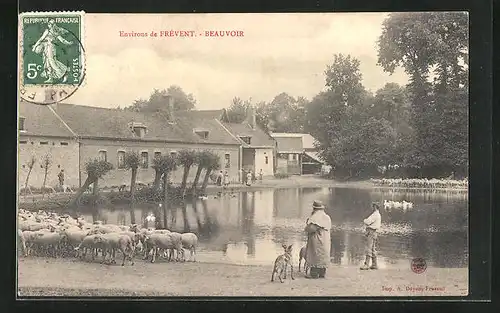 AK Beavoir, Schäfer mit Herdde am Dorfweiher