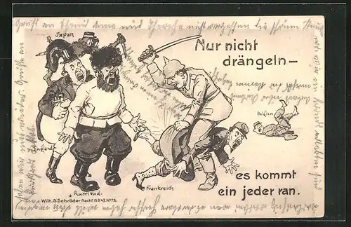 Künstler-AK Nur nicht drängeln, es kommt jeder ran, Soldaten verprügelt die Feinde