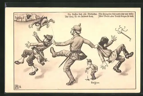 Künstler-AK Die Russen sind alle Verbrecher, die Franzosen sind auch nicht viel besser!, Tritt in den Hintern