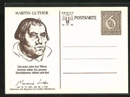 AK Ganzsache WHW Winterhilfswerk, Porträt Martin Luther, Spruch Ich suche nicht das Meine...