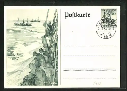 AK Ganzsache WHW Winterhilfswerk, Fischer auf hoher See