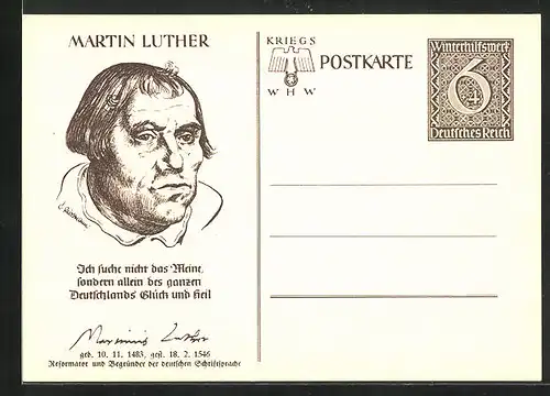 AK Ganzsache WHW Winterhilfswerk, Porträt Martin Luther, Spruch Ich suche nicht das Meine...
