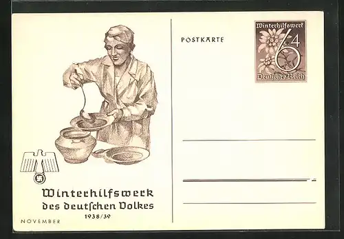 AK Ganzsache WHW Winterhilfswerk des deutschen Volkes 1938 /39, Essensausgabe in der Suppenküche