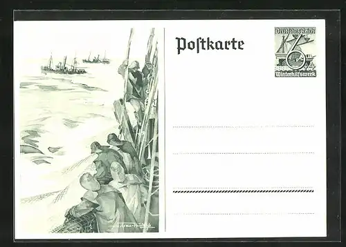 AK Ganzsache WHW Winterhilfswerk, Fischer auf hoher See