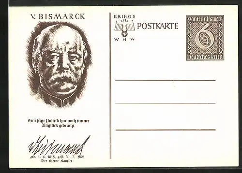 AK Ganzsache WHW Winterhilfswerk, Porträt v. Bismarck, Spruch, Eine feige Politik...