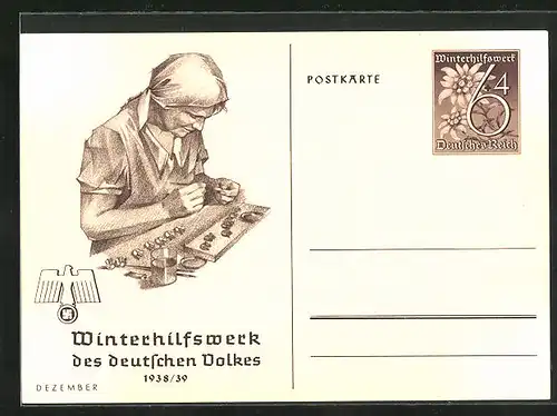 AK Ganzsache WHW Winterhilfswerk des deutschen Volkes 1938 /39, Künstlerin bei der Arbeit