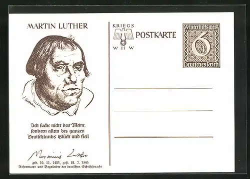 AK Ganzsache WHW Winterhilfswerk, Bildnis Martin Luther, Spruch Ich suche nicht das Meine...