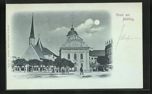Mondschein-AK Altötting, Markt mit Kirche