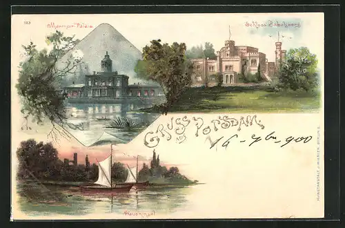 Lithographie Potsdam, Marmor-Palais, Schloss Babelsberg, Pfaueninsel