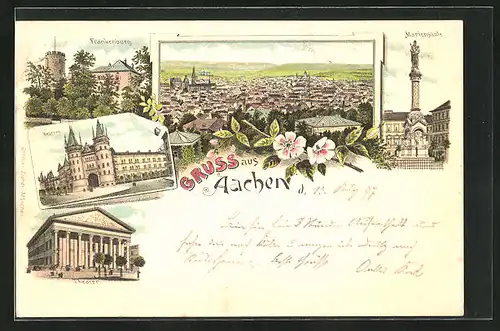 Lithographie Aachen, Gesamtansicht, Kaserne, Mariensäule und Frankenburg
